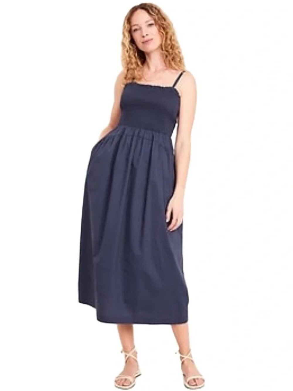 OLD NAVY Fit and Flare Smocked Sleeveless Midi Dress, Navy Blue, Size Small
